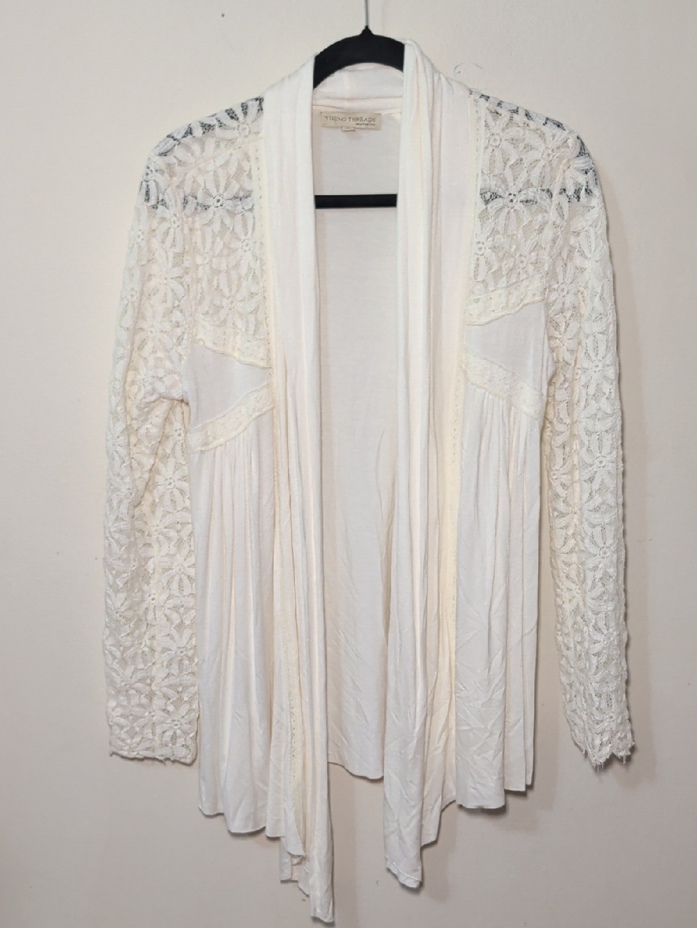Young Threads Ivory Lace Open Front Cardigan Draped Cottagecore Women's Size S